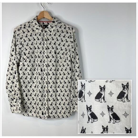Talbots French Bull Dog Blouse Small Black White Cotton Novelty Print Button Top - Picture 1 of 12